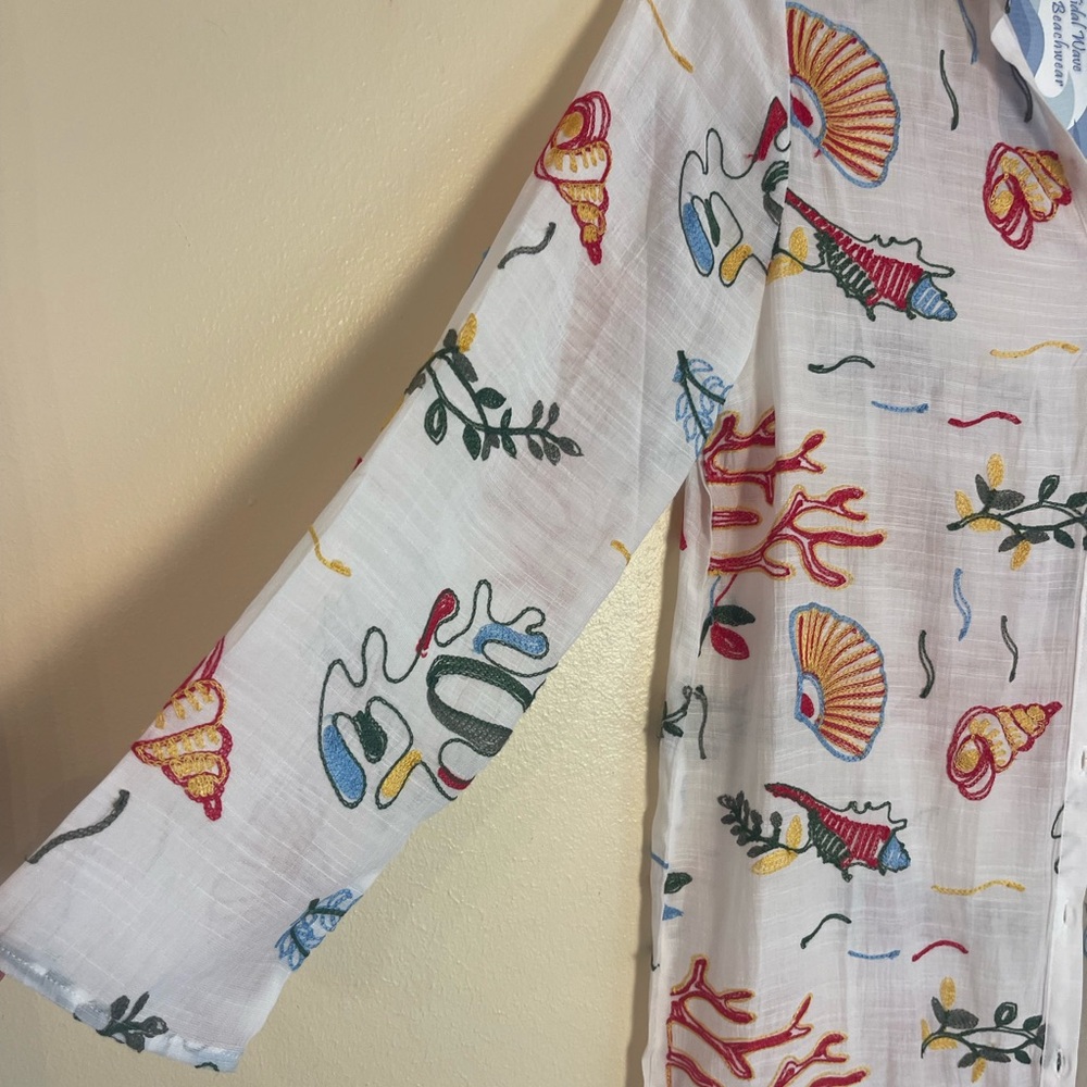 Coastal Embroidered Beach Cover Up Midi Shirt Dress Ocean Theme Lemons Resort S - Picture 9 of 14